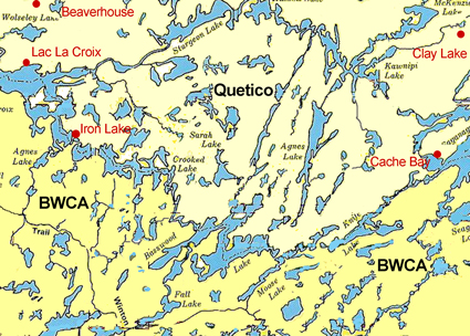 Map of portions of the Boundary Waters (BWCA) and Quetico Park